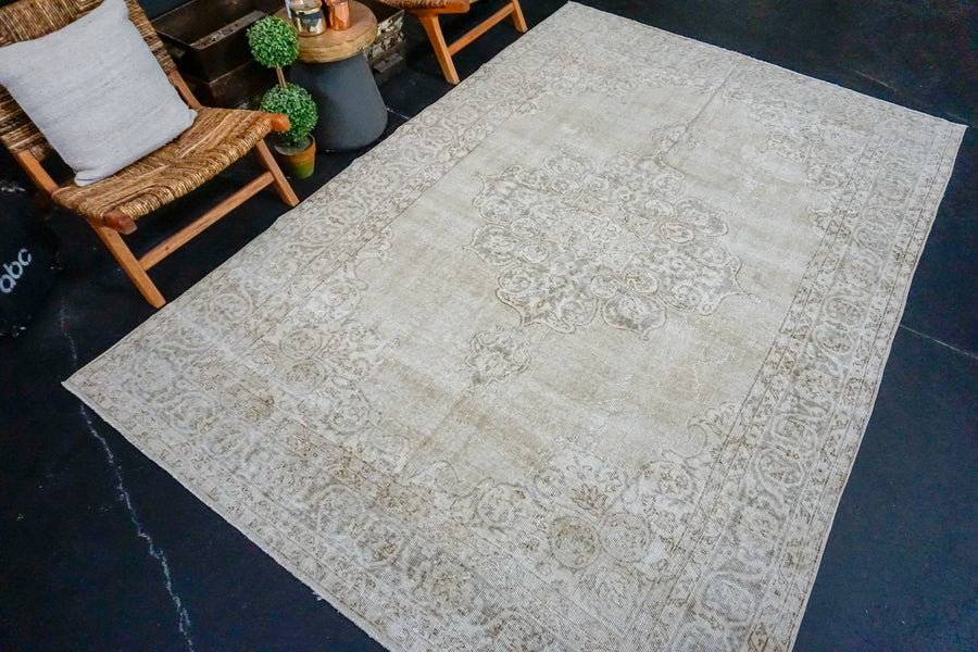 6’8 x 10’ Vintage Oushak Rug Muted Clay-Gray and Greige Carpet