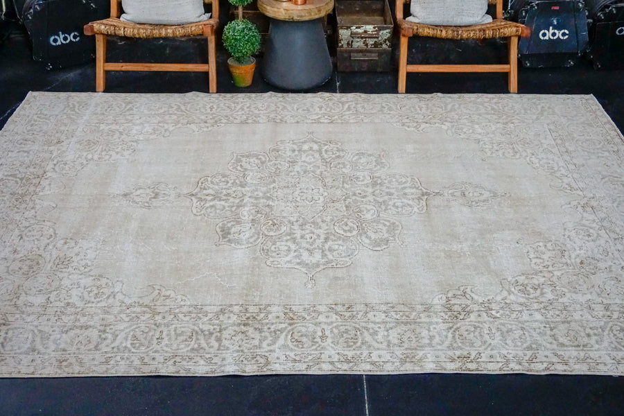 6’8 x 10’ Vintage Oushak Rug Muted Clay-Gray and Greige Carpet