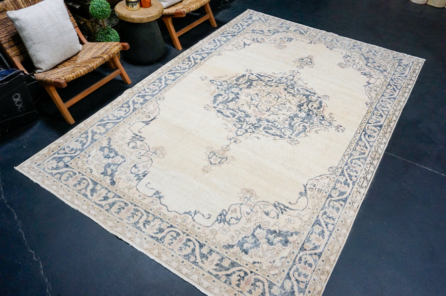 6’4 x 10’ Vintage Turkish Oushak Rug Muted Navy Blue, Blush Pink & Cream