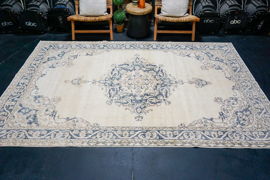 6’4 x 10’ Vintage Turkish Oushak Rug Muted Navy Blue, Blush Pink & Cream