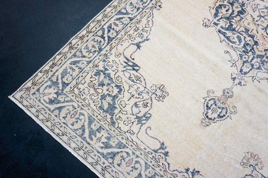 6’4 x 10’ Vintage Turkish Oushak Rug Muted Navy Blue, Blush Pink & Cream