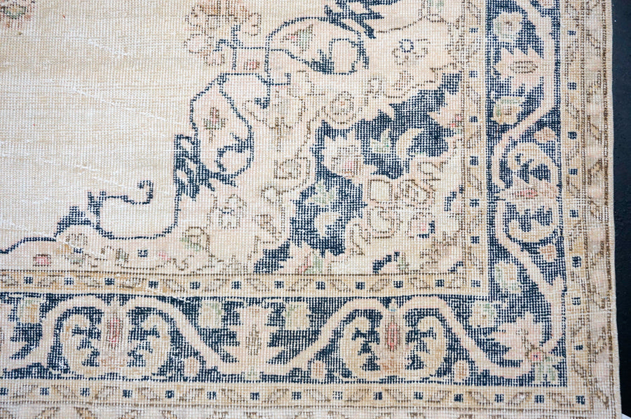 6’4 x 10’ Vintage Turkish Oushak Rug Muted Navy Blue, Blush Pink & Cream