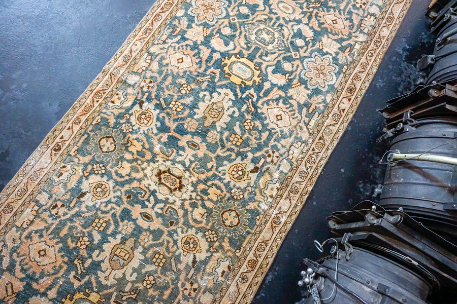 3’4 x 15’10 Vintage Malayer Runner Indigo Blue, Brown and Apricot