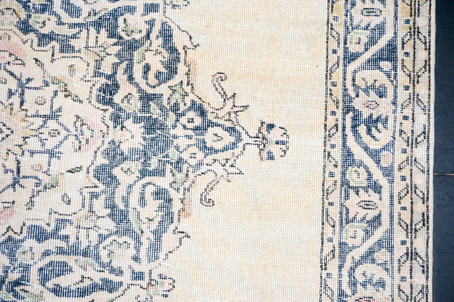 6’4 x 10’ Vintage Turkish Oushak Rug Muted Navy Blue, Blush Pink & Cream