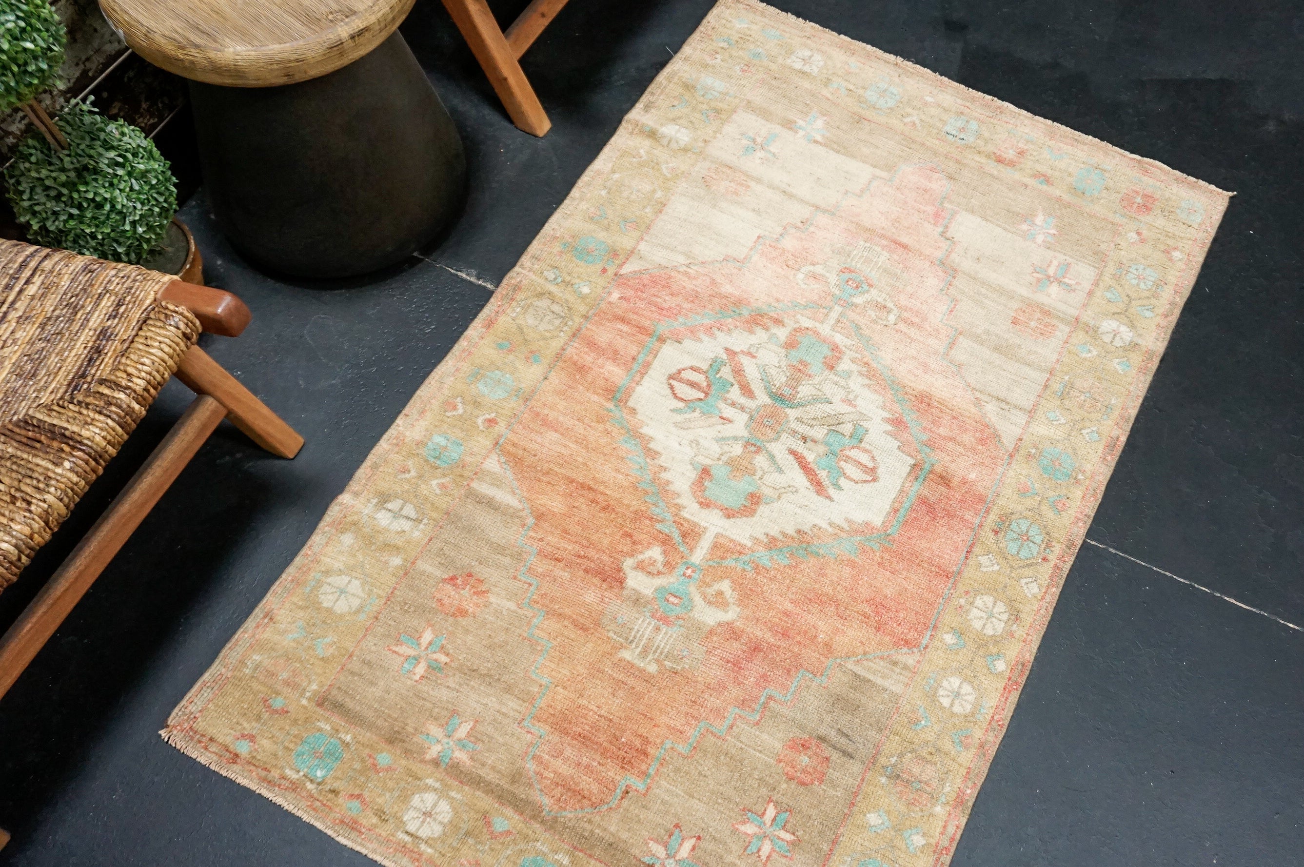 3’1 x 5’1 Antique Turkish Rug Camel, Salmon + Teal '4380 Linda's Barn