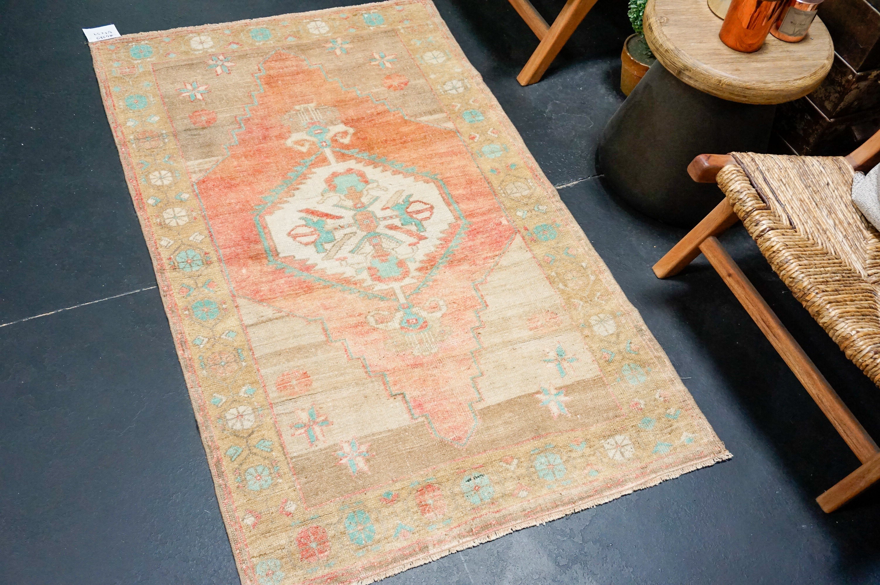 3’1 x 5’1 Antique Turkish Rug Camel, Salmon + Teal '4380 Linda's Barn