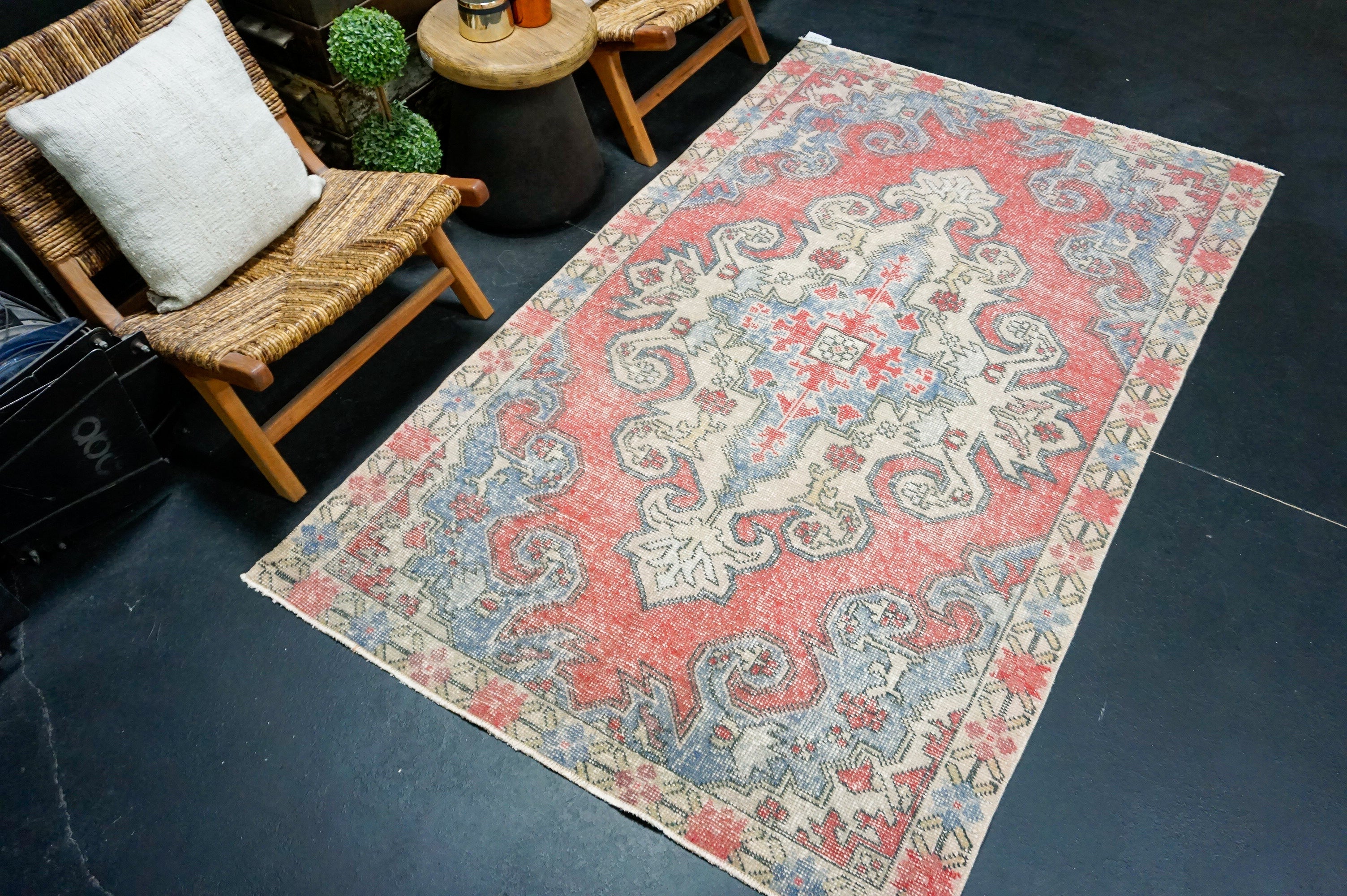 4’6 x 7’7 Vintage Oushak Rug Muted Red, Gray + Blue '4403 Linda's Barn