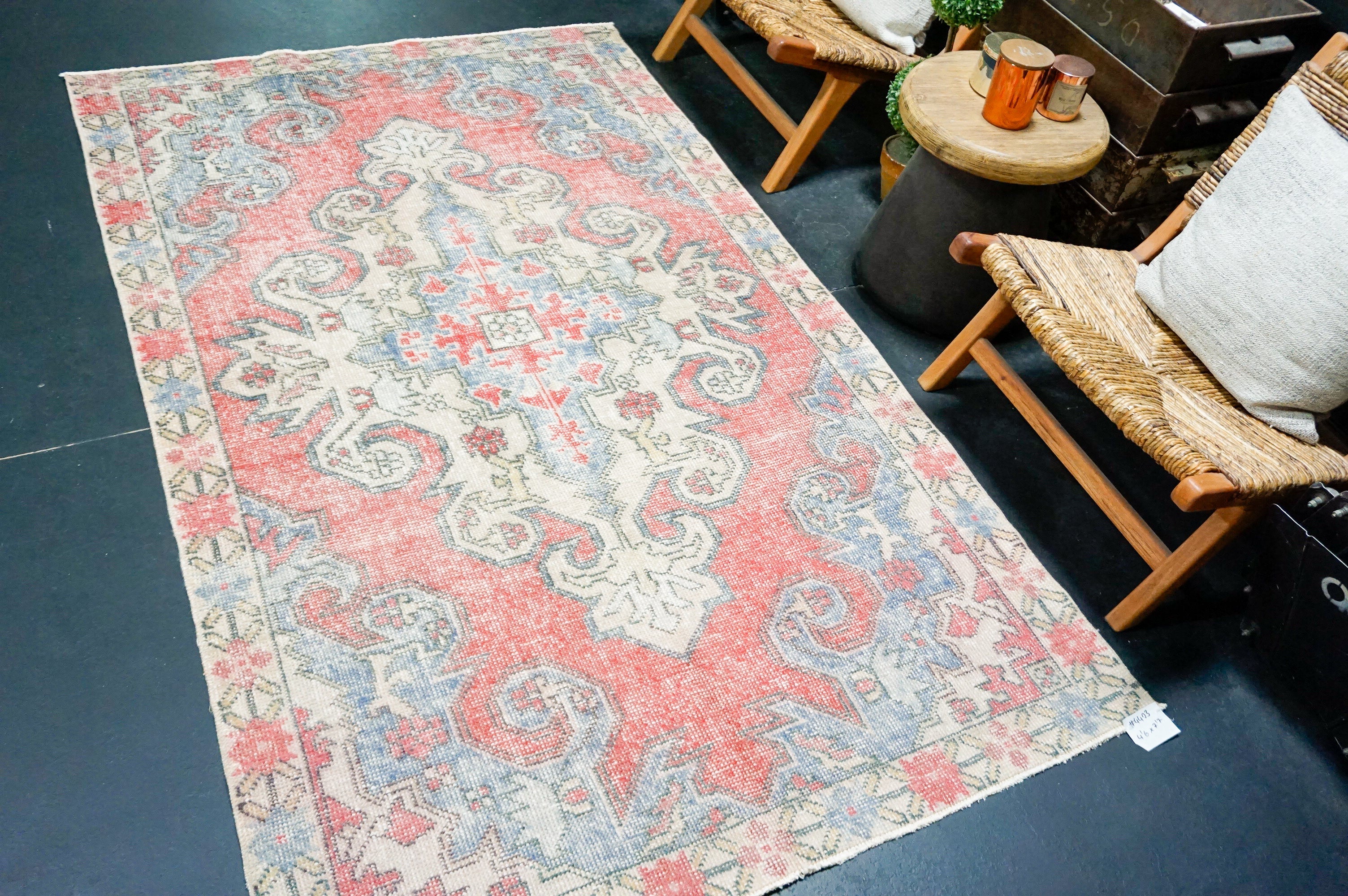 4’6 x 7’7 Vintage Oushak Rug Muted Red, Gray + Blue '4403 Linda's Barn