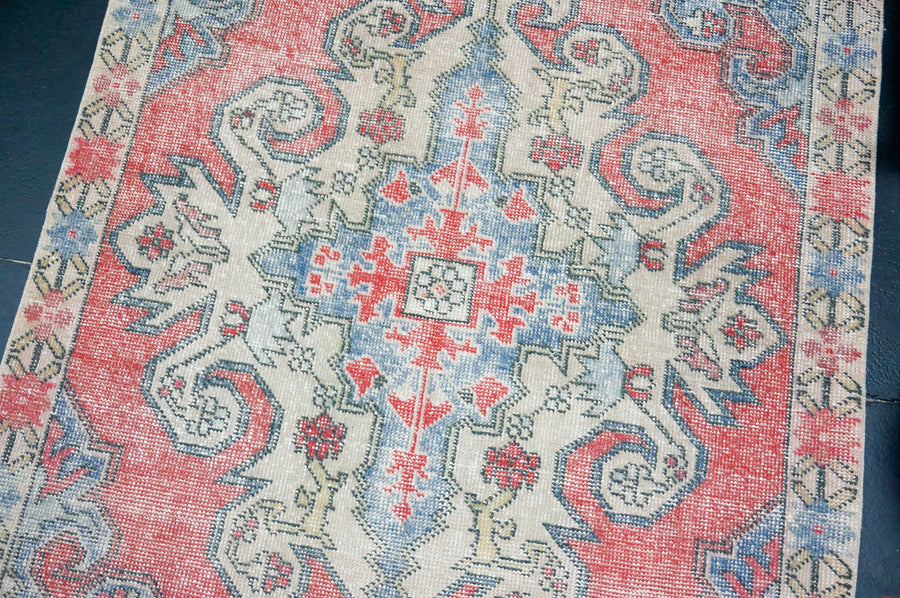4’6 x 7’7 Vintage Oushak Rug Muted Red, Gray + Blue