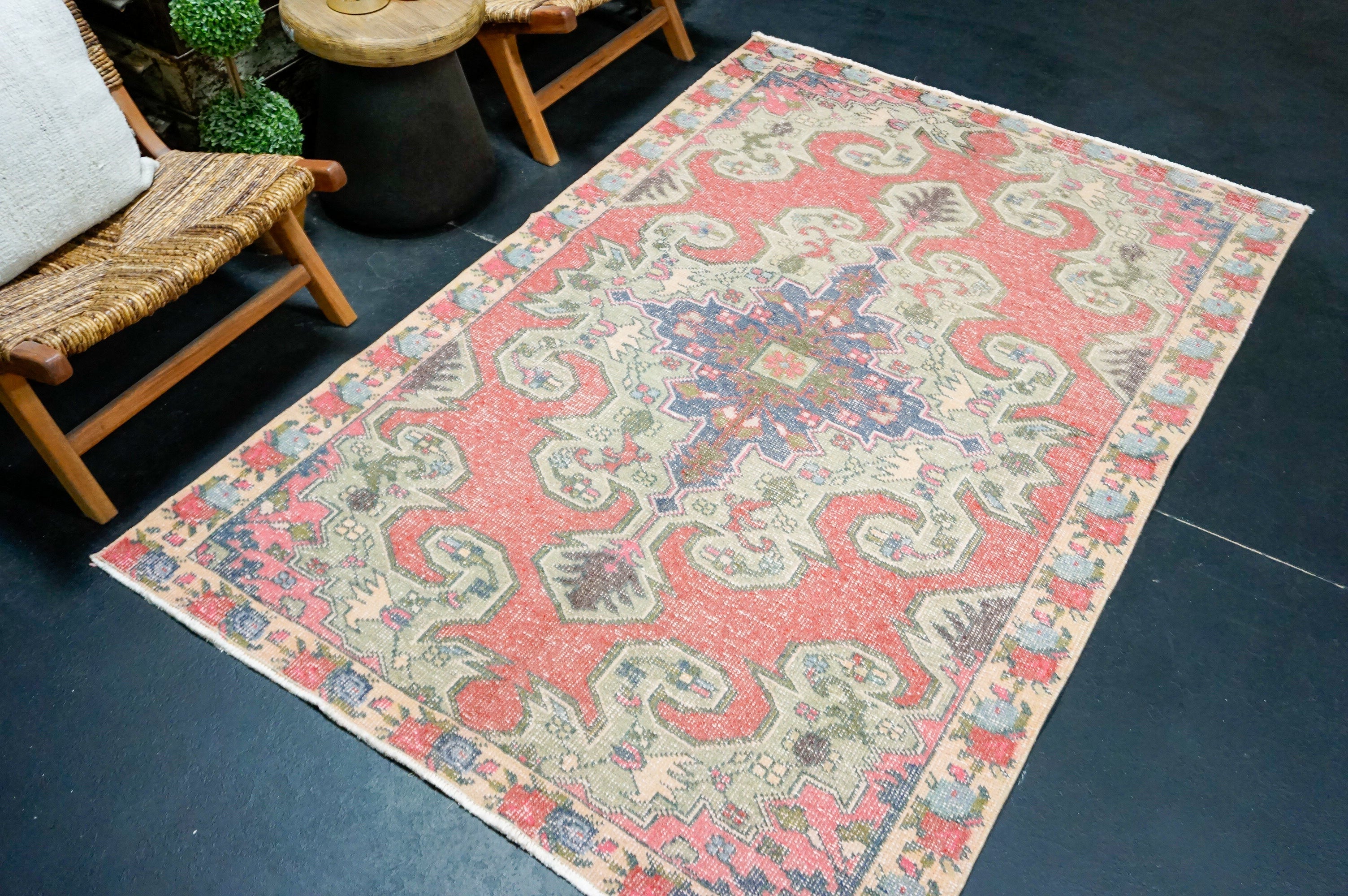 4’6 x 7’7 Vintage Oushak Rug Muted Red, Gray + Blue '4394 Linda's Barn