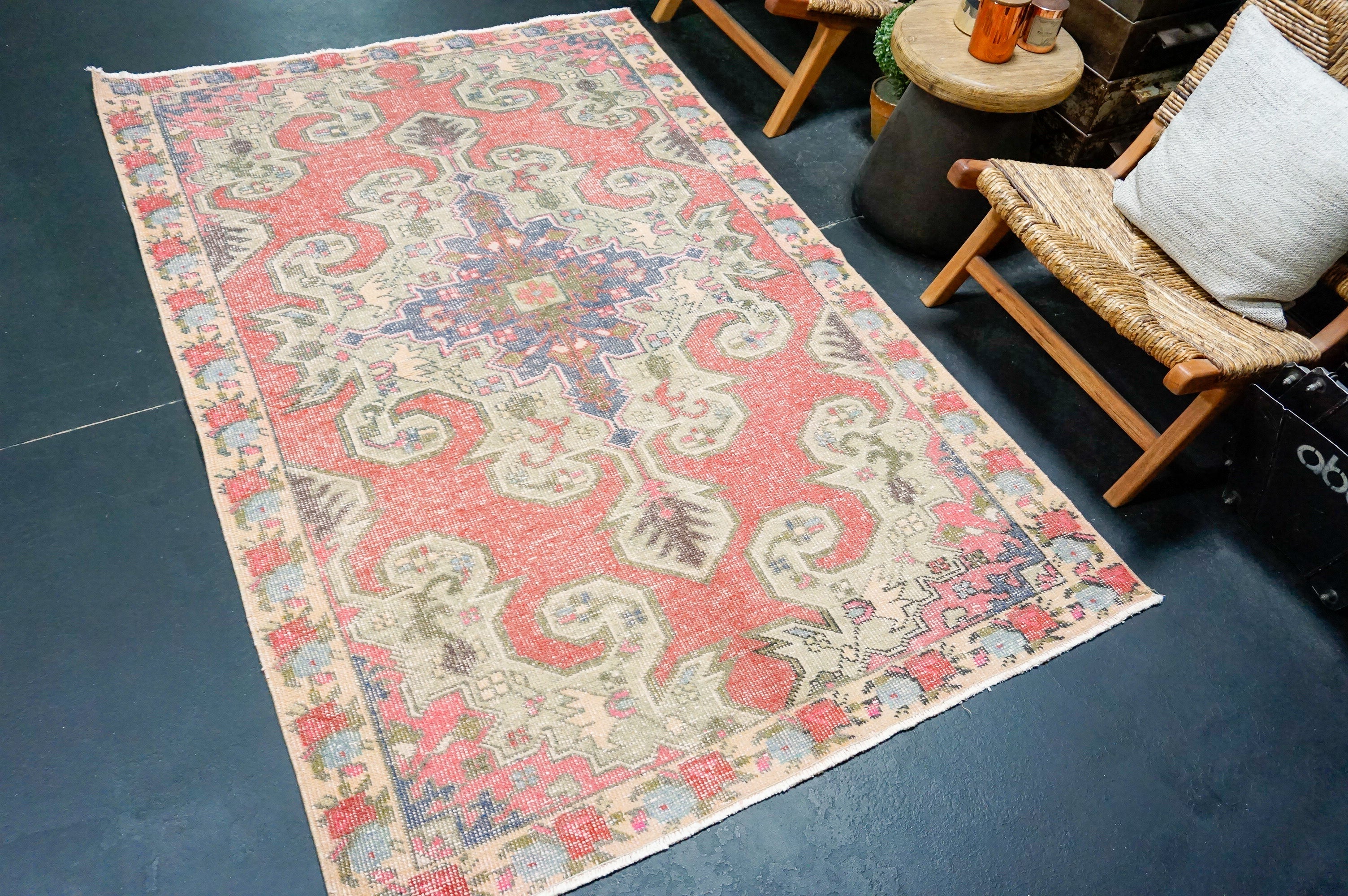 4’6 x 7’7 Vintage Oushak Rug Muted Red, Gray + Blue '4394 Linda's Barn