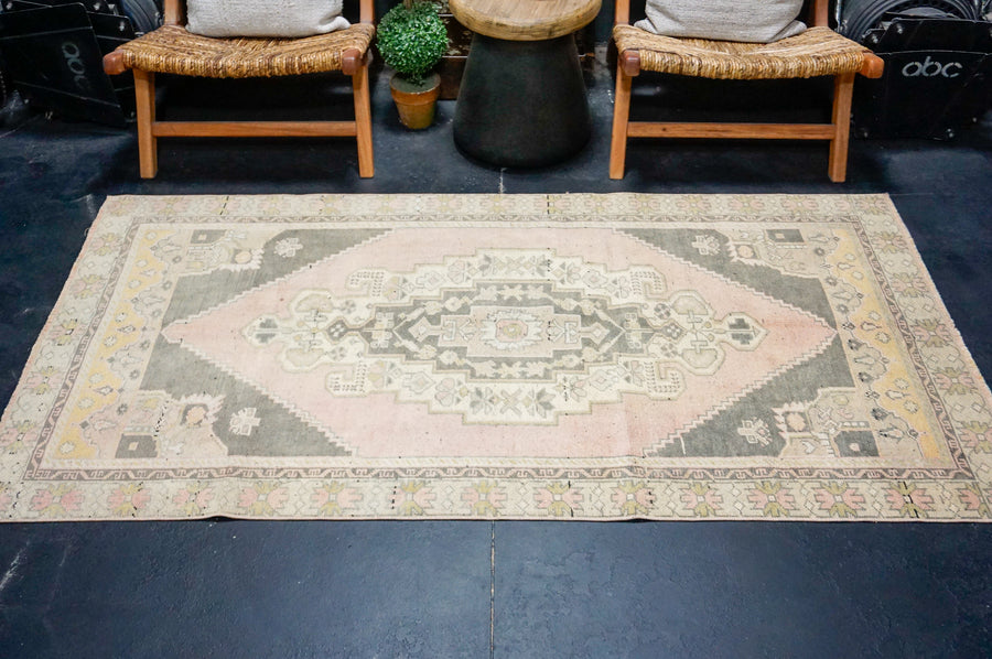 3’8 x 7’ Vintage Oushak Rug Muted Pink, Gray & Oyster Shell