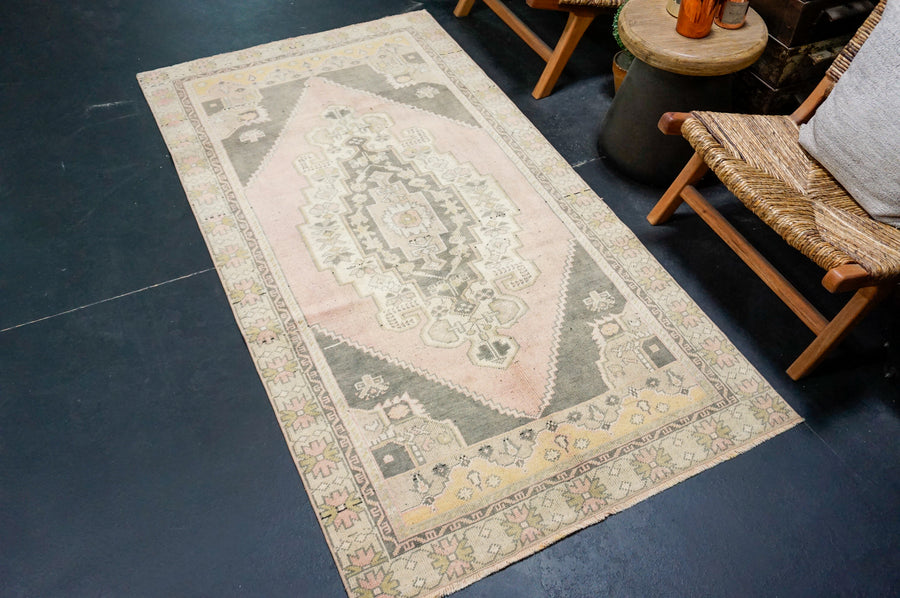 3’8 x 7’ Vintage Oushak Rug Muted Pink, Gray & Oyster Shell