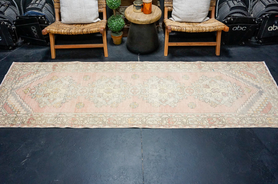3’1 x 9’3 Vintage Oushak Runner Muted Powder Blue, Bone + Pink
