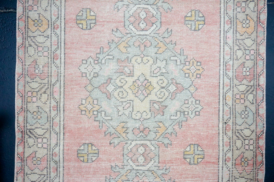 3’1 x 9’3 Vintage Oushak Runner Muted Powder Blue, Bone + Pink