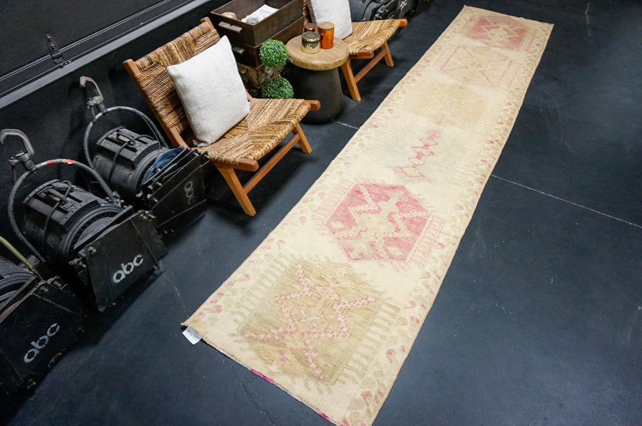 2’10 x 13’11 Vintage Herki Runner Muted Khaki, Camel + Violet