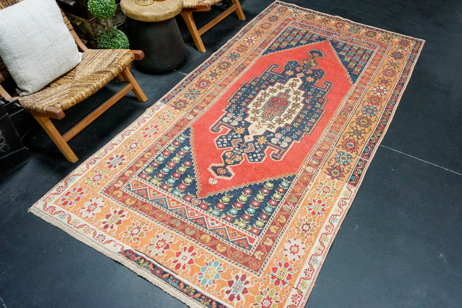 4’6 x 9’ Vintage Oushak Rug Muted Navy Blue, Red & Cream