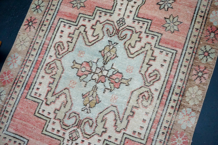 3’ x 7’7 Vintage Oushak Runner Muted Red, Blue + Beige
