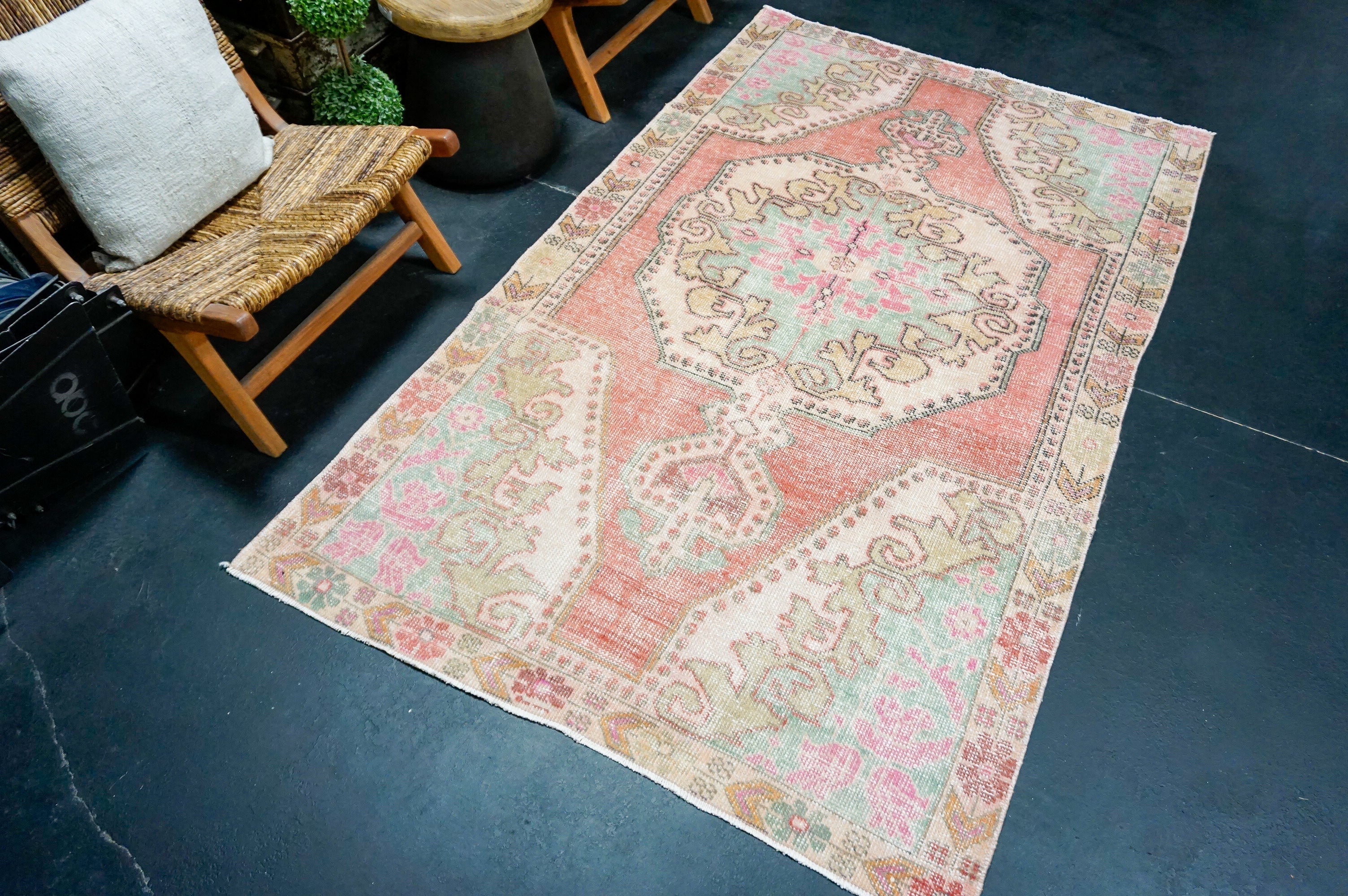 4’6 x 7’7 Vintage Oushak Rug Muted Watermelon Pink & Aqua Blue '4400 Linda's Barn