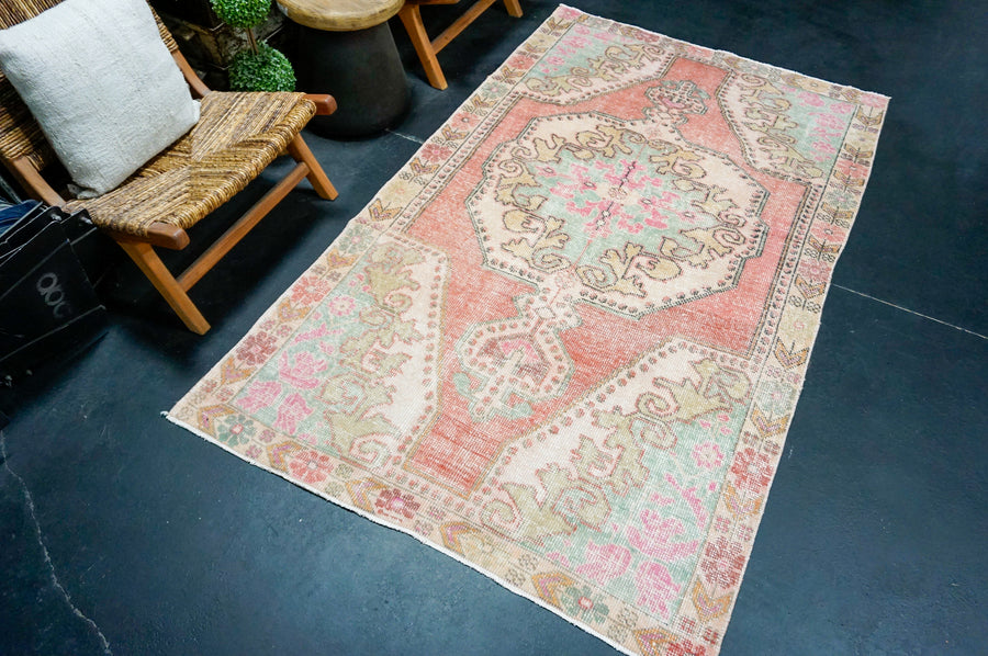 4’6 x 7’7 Vintage Oushak Rug Muted Watermelon Pink & Aqua Blue