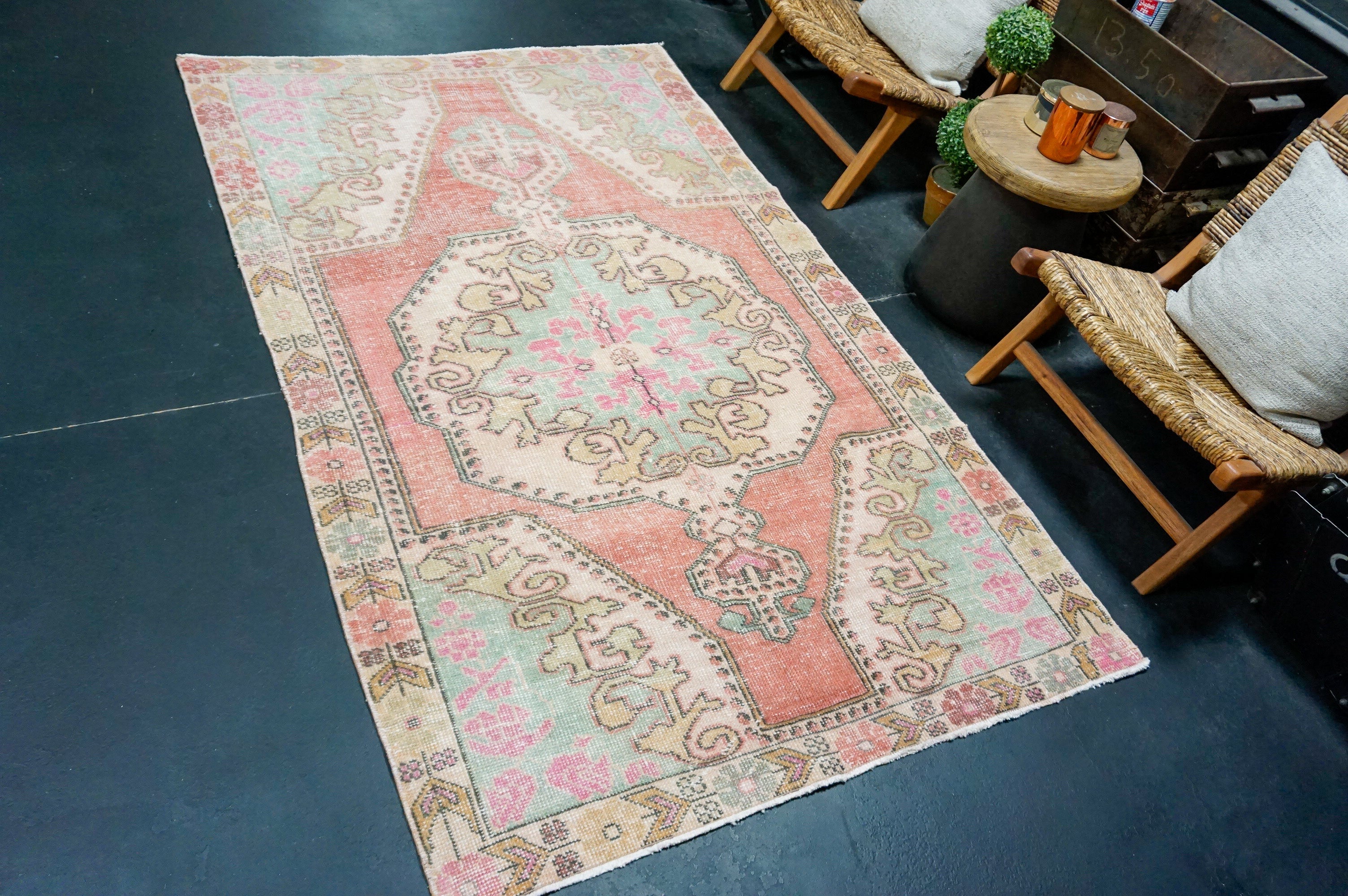 4’6 x 7’7 Vintage Oushak Rug Muted Watermelon Pink & Aqua Blue '4400 Linda's Barn