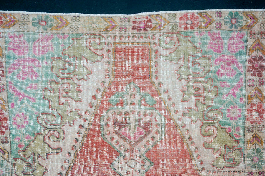 4’6 x 7’7 Vintage Oushak Rug Muted Watermelon Pink & Aqua Blue