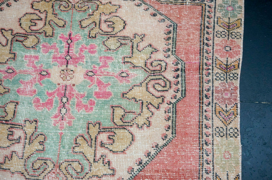 4’6 x 7’7 Vintage Oushak Rug Muted Watermelon Pink & Aqua Blue