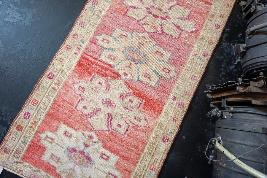 2’9 x 12’ Vintage Turkish Runner Muted Coral Pink, Tan and Violet