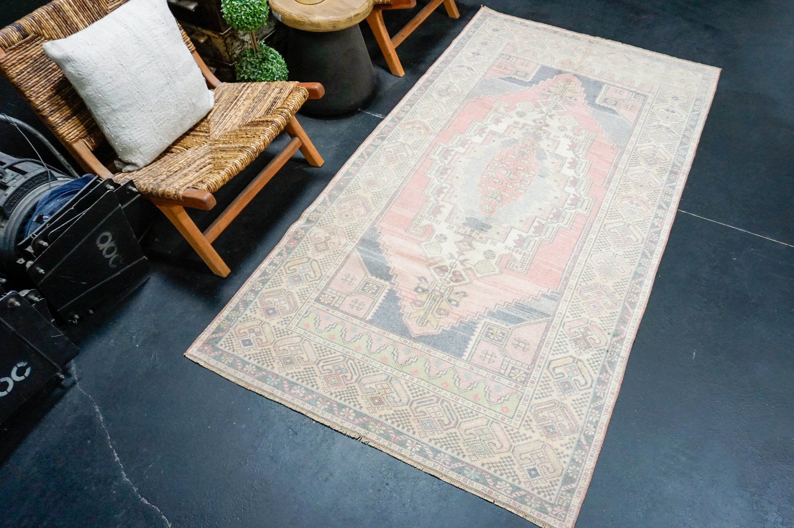 4’1 x 7’10 Vintage Oushak Rug Very Muted Gray, Navy & Rose '4365 Linda's Barn