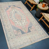 4’1 x 7’10 Vintage Oushak Rug Very Muted Gray, Navy & Rose