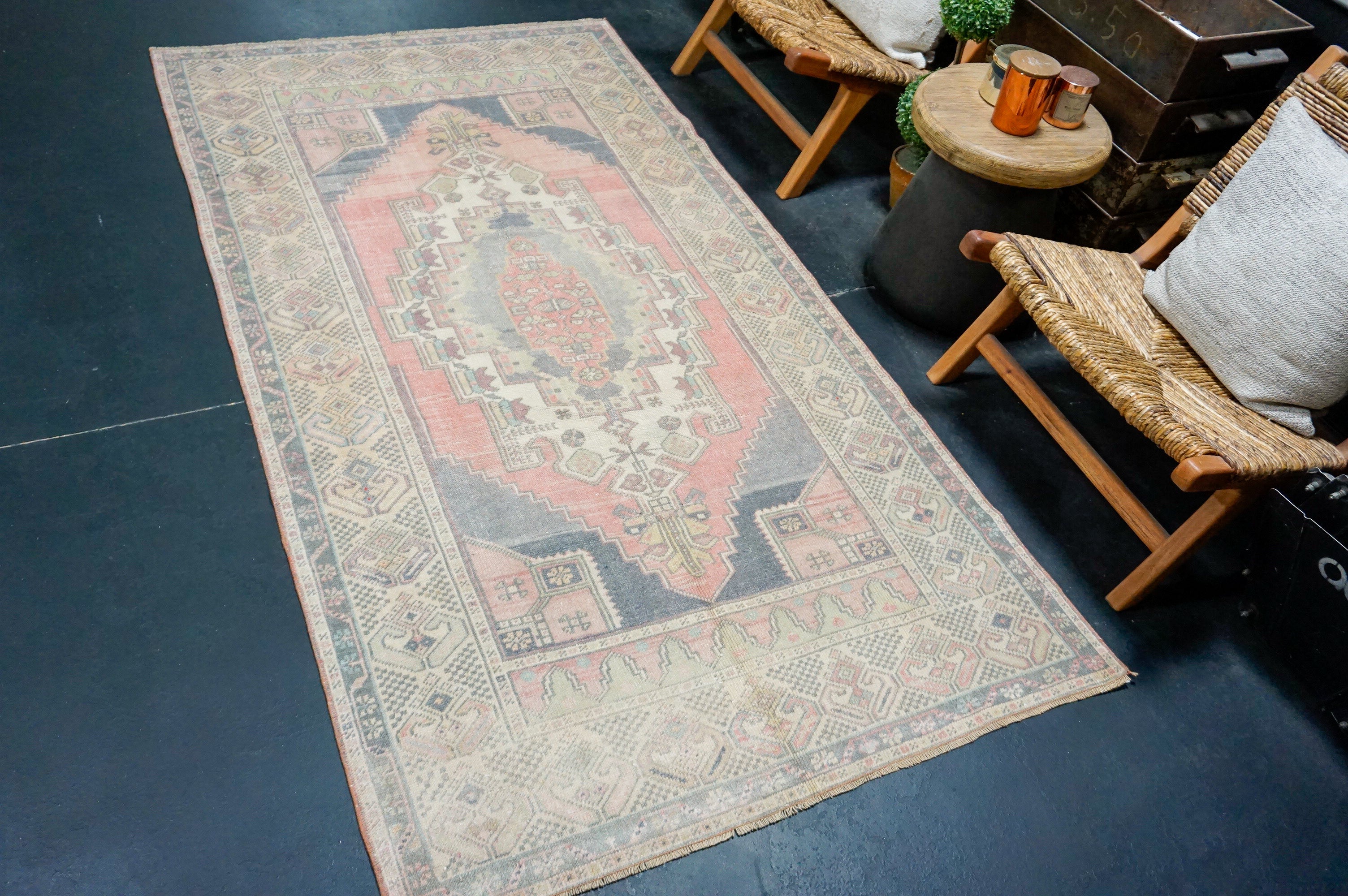 4’1 x 7’10 Vintage Oushak Rug Very Muted Gray, Navy & Rose '4365 Linda's Barn