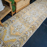 3’3 x 10’8 Vintage Turkish Runner Muted Yellows, Cream and Apricot