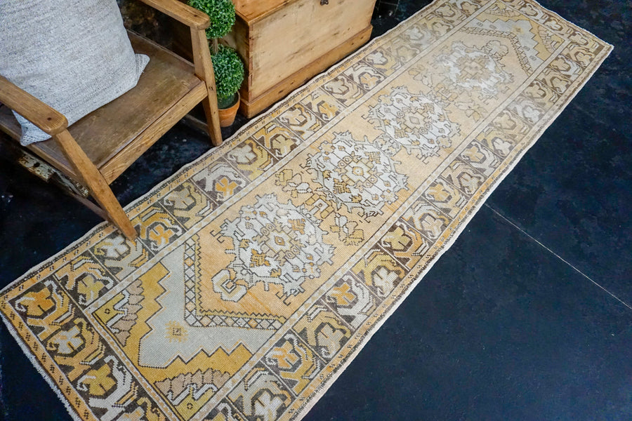 3’3 x 10’8 Vintage Turkish Runner Muted Yellows, Cream and Apricot