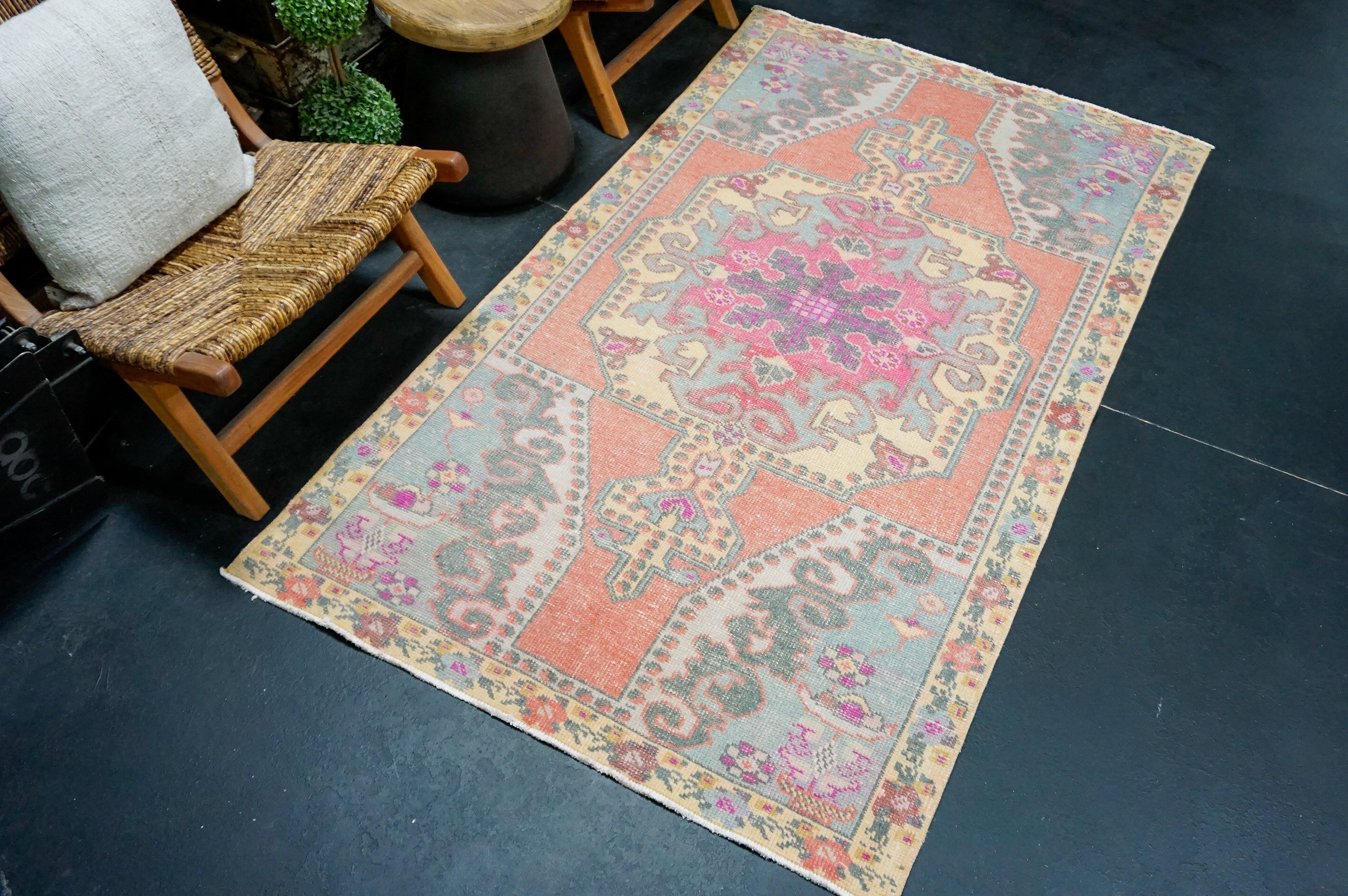 4’1 x 7’2 Vintage Oushak Rug Muted Rose Pink, Periwinkle & Fuchsia '4369 Linda's Barn