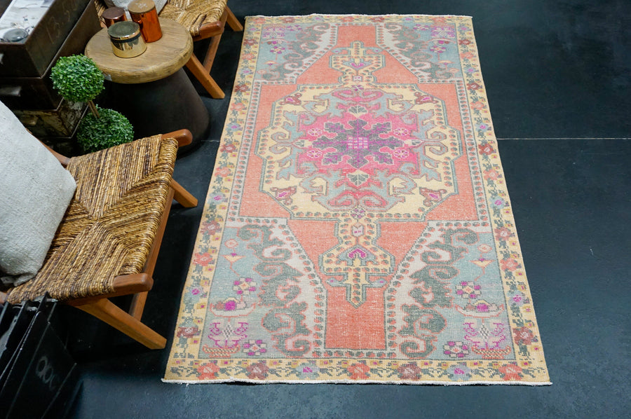 4’1 x 7’2 Vintage Oushak Rug Muted Rose Pink, Periwinkle & Fuchsia