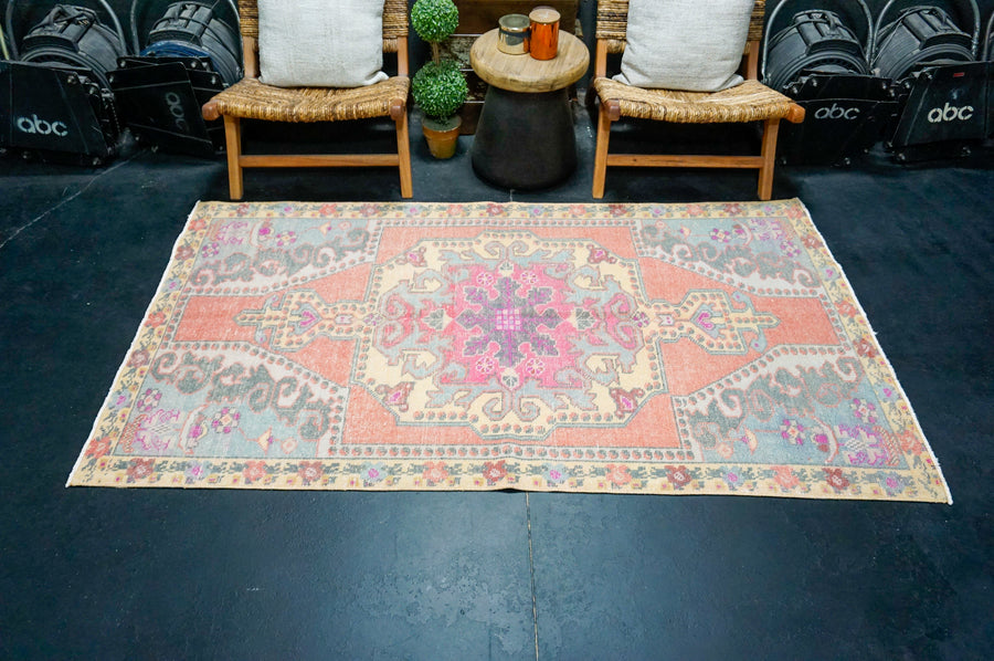 4’1 x 7’2 Vintage Oushak Rug Muted Rose Pink, Periwinkle & Fuchsia