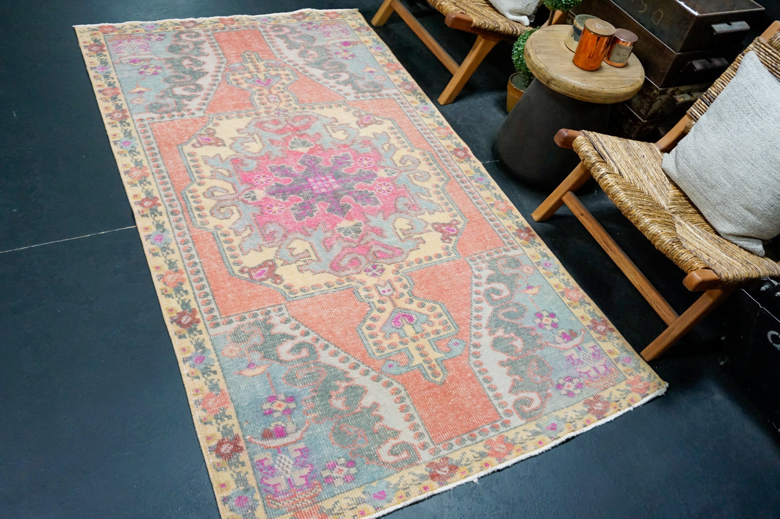 4’1 x 7’2 Vintage Oushak Rug Muted Rose Pink, Periwinkle & Fuchsia '4369 Linda's Barn