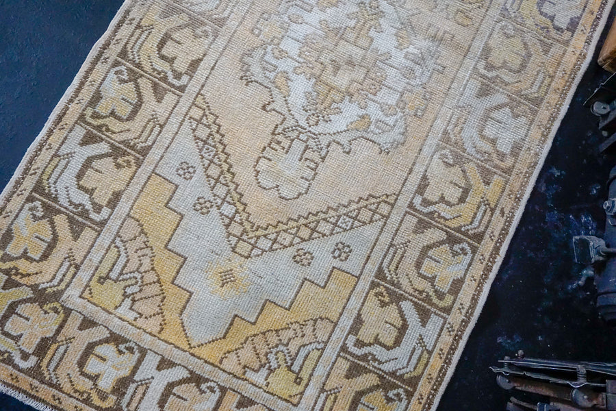 3’3 x 10’8 Vintage Turkish Runner Muted Yellows, Cream and Apricot