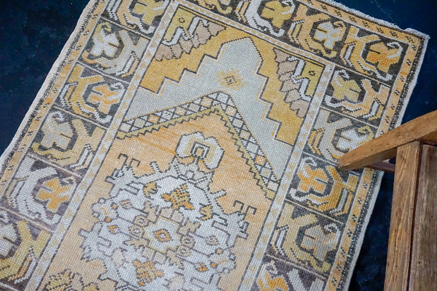 3’3 x 10’8 Vintage Turkish Runner Muted Yellows, Cream and Apricot