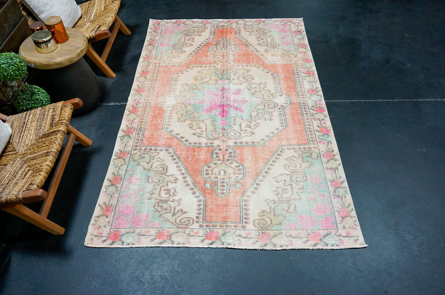 4’7 x 7’3 Vintage Oushak Rug Muted Aqua Blue, Gray & Red