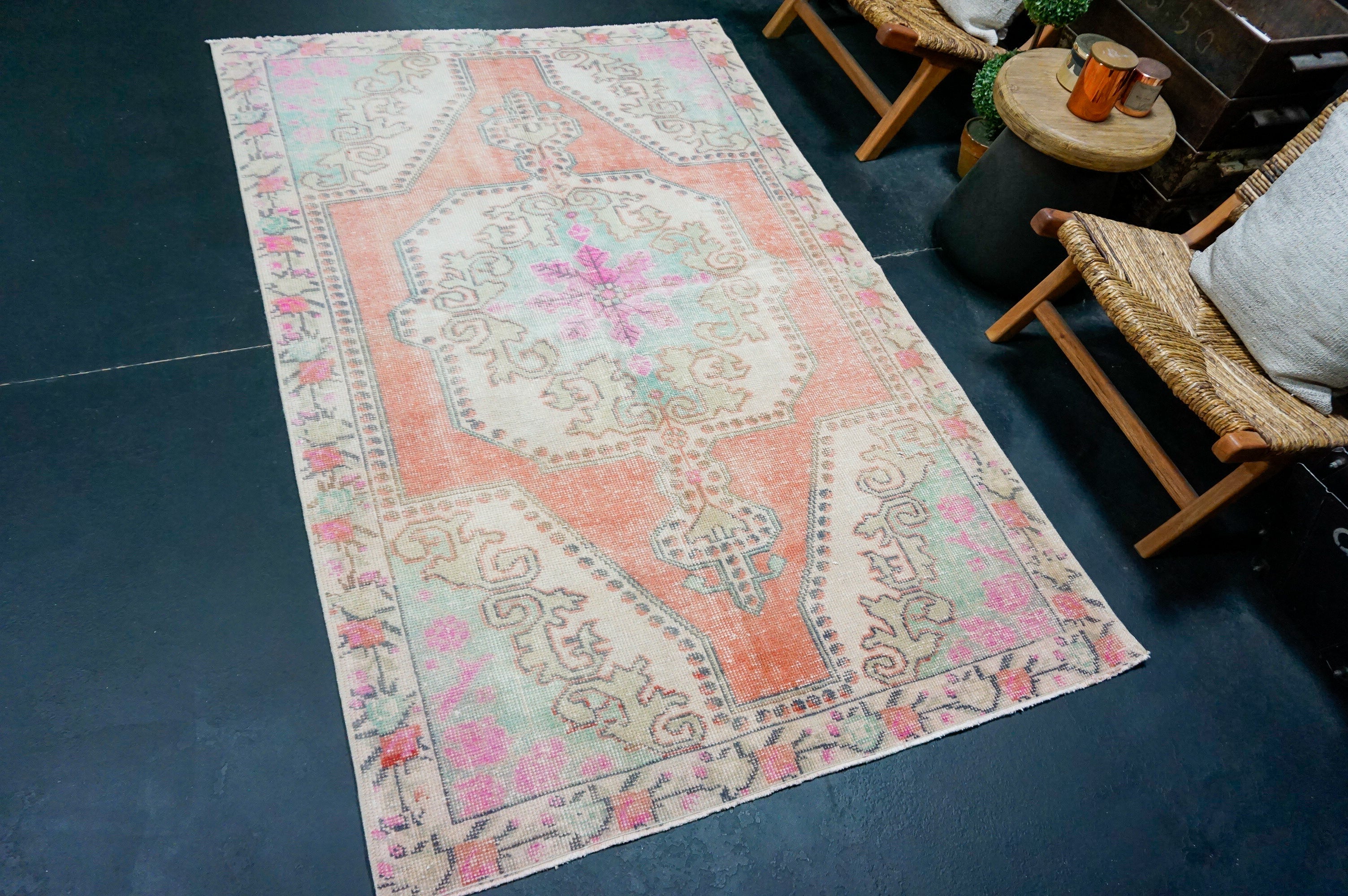 4’7 x 7’3 Vintage Oushak Rug Muted Aqua Blue, Gray & Red '4370 Linda's Barn