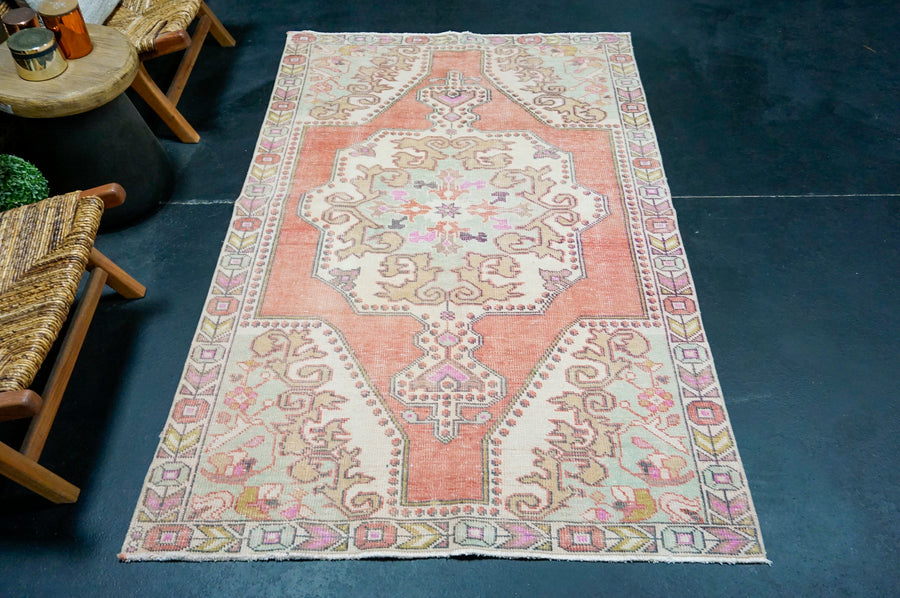 4’4 x 6’10 Vintage Oushak Rug Muted Red, Cream & Sea Foam Green