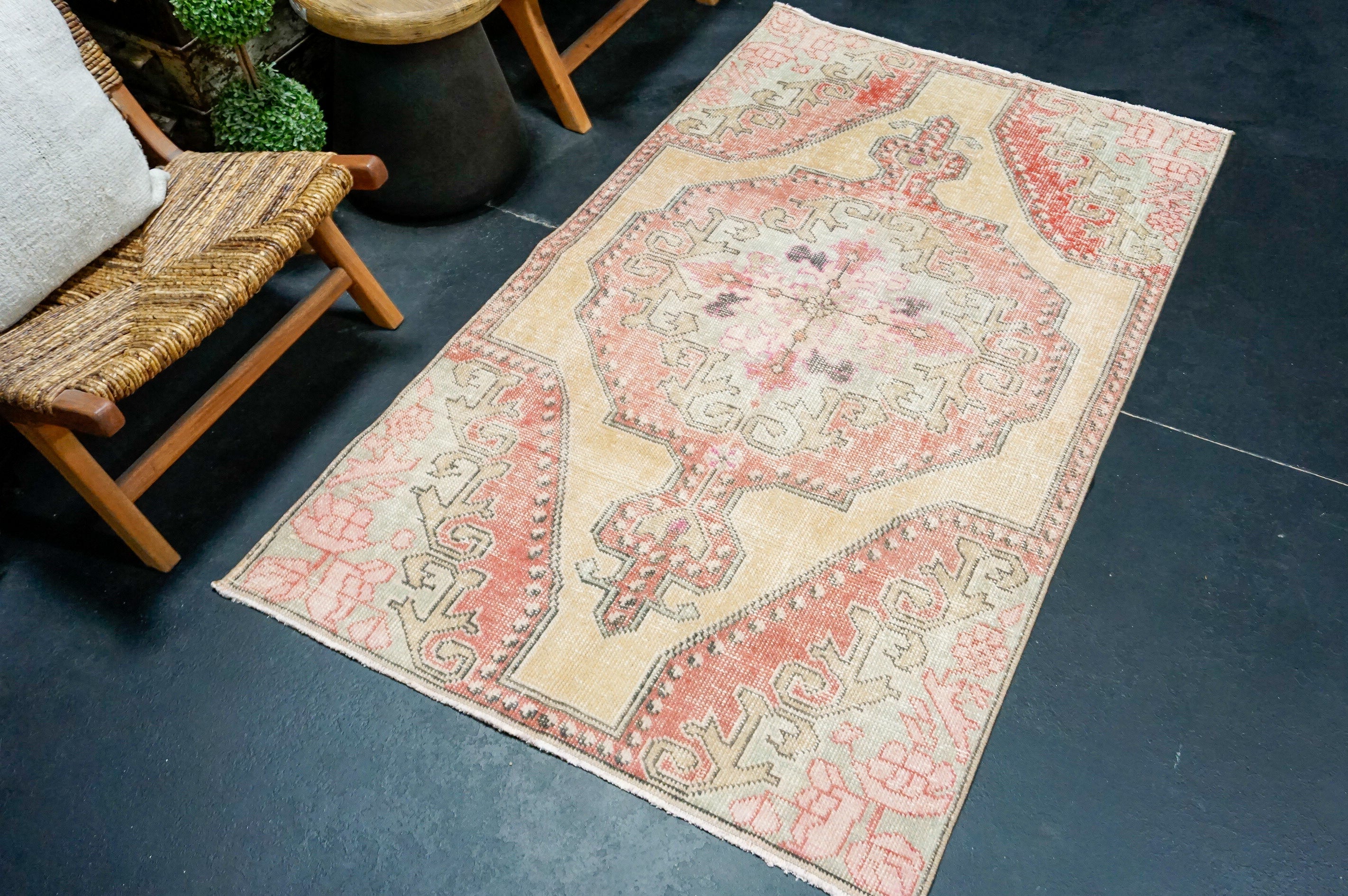 3’8 x 6’4 Vintage Oushak Very Muted Camel Beige, Red & Sea Foam '4399 Linda's Barn
