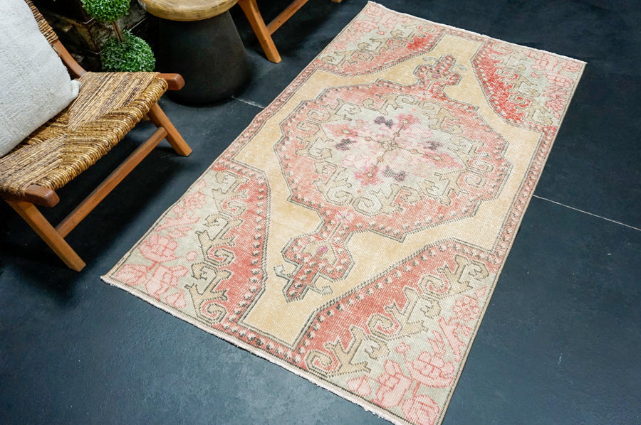3’8 x 6’4 Vintage Oushak Very Muted Camel Beige, Red & Sea Foam