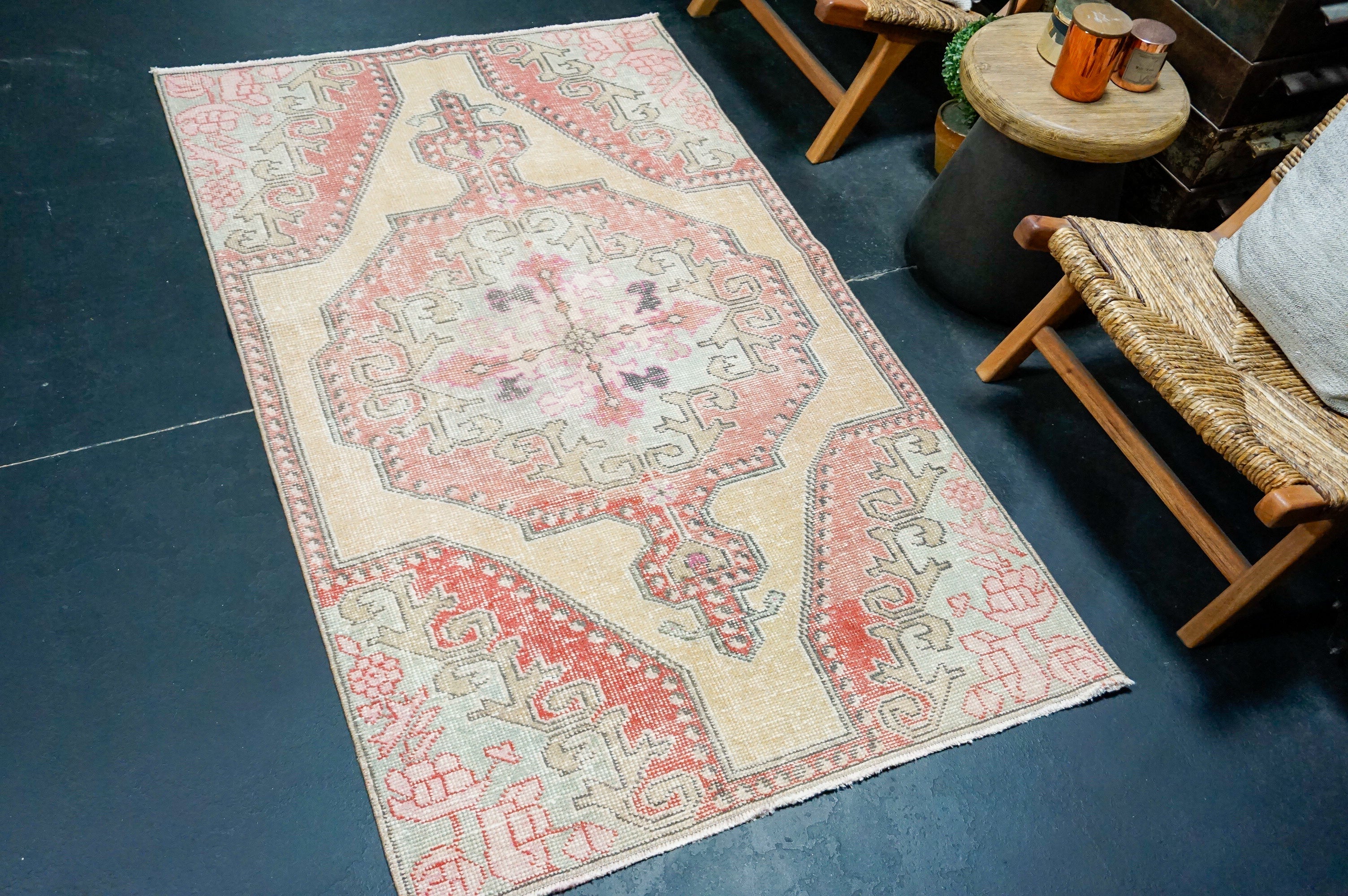 3’8 x 6’4 Vintage Oushak Very Muted Camel Beige, Red & Sea Foam '4399 Linda's Barn