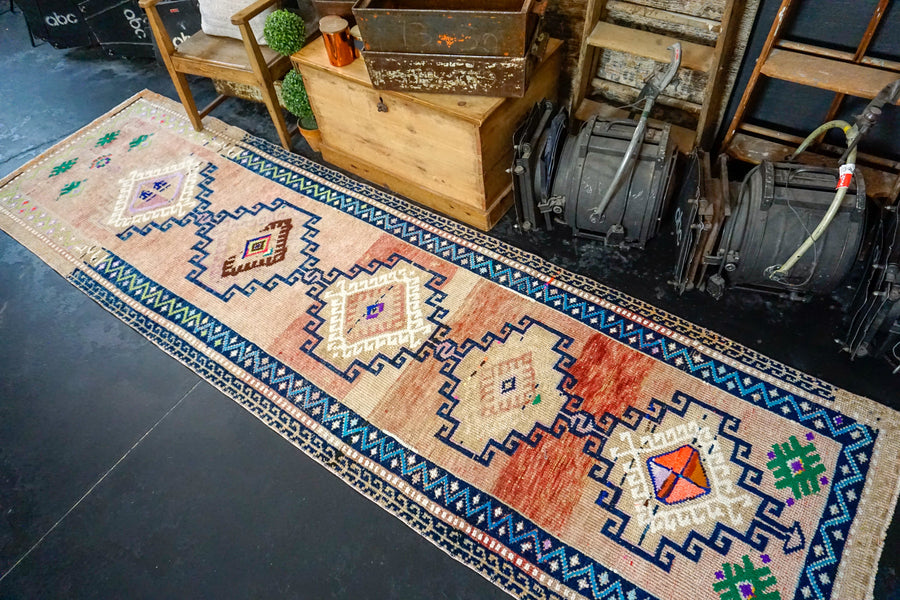 3’4 x 11’8 Vintage Turkish Runner Blush-Pink, Blue and Green