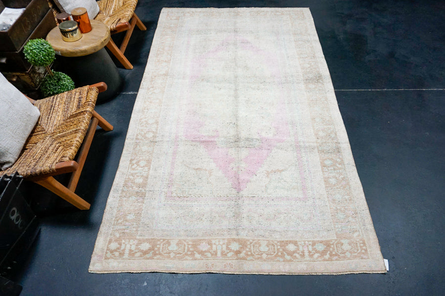 4’9 x 8’9 Antique Taspinar Rug Muted Gray, Camel + Pink