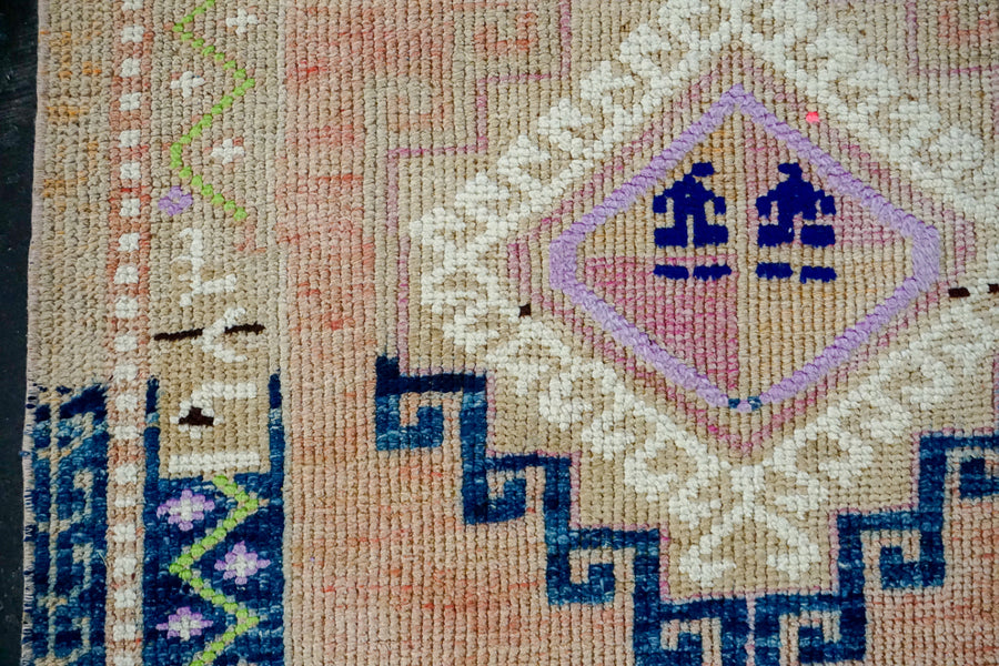 3’4 x 11’8 Vintage Turkish Runner Blush-Pink, Blue and Green
