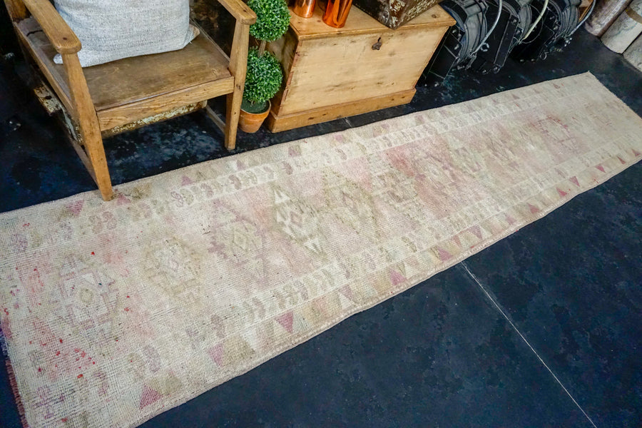 2’7 x 12’7 Vintage Turkish Runner Beige, Pink and Olive
