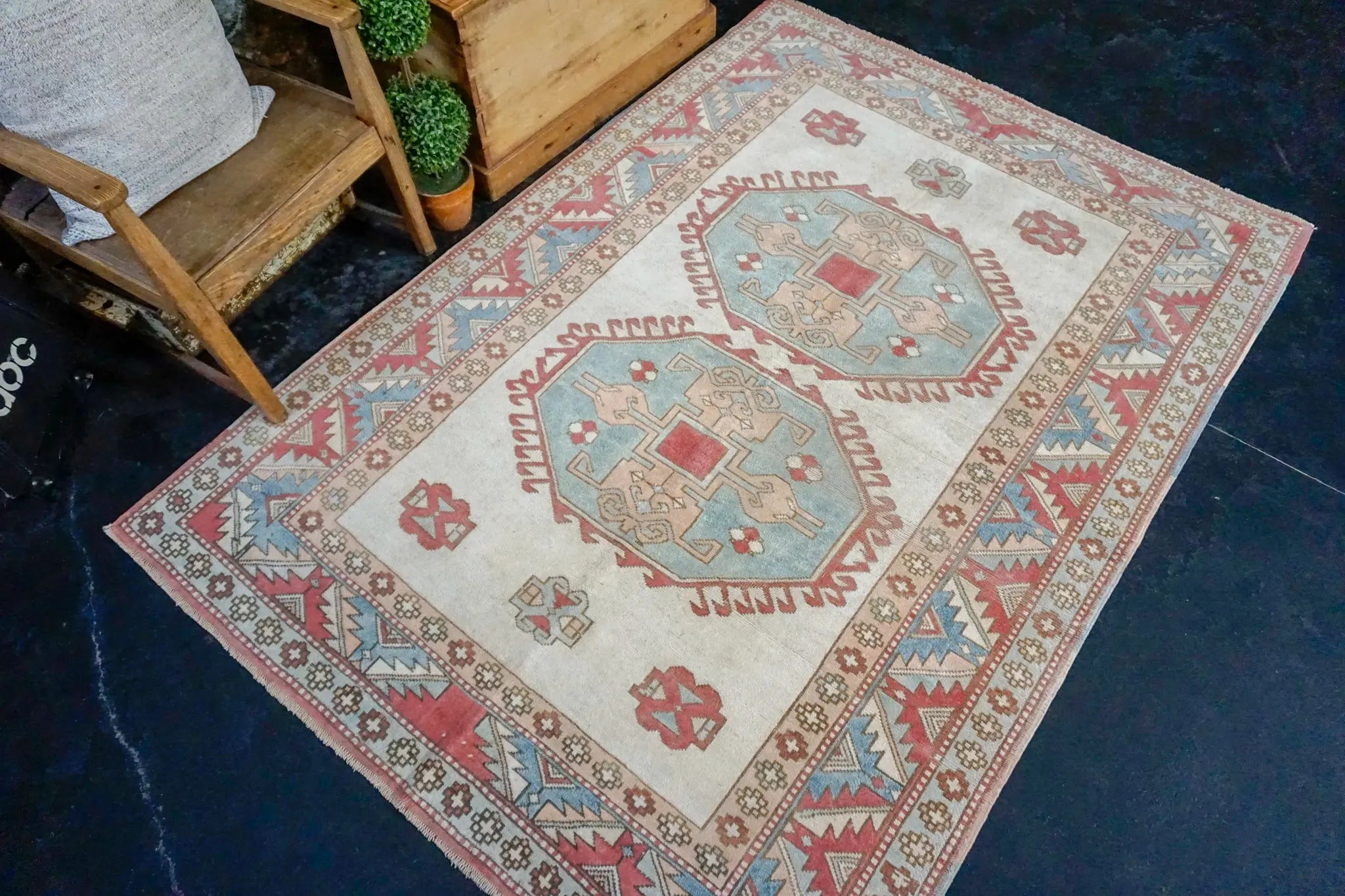 5’1 x 7’2 Turkish Milas Rug Baby Blue, Pink and Cream 1960's '2998 Linda's Barn